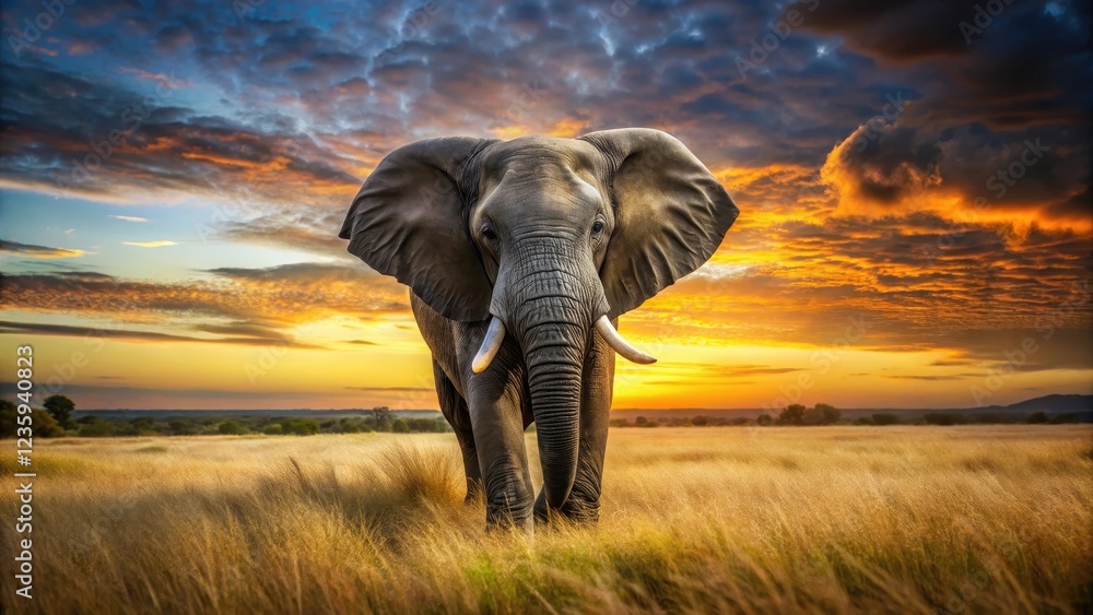 Obraz premium A majestic black elephant stands proudly in a serene savannah landscape at sunset, with the warm golden light casting a gentle glow on its gray fur and tusks , sunset, tusks