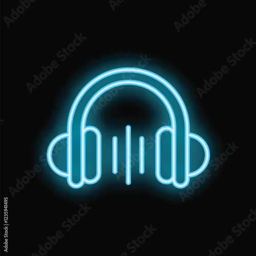 Blue neon headphones icon glowing on a black background representing a concept related to music, sound or podcast