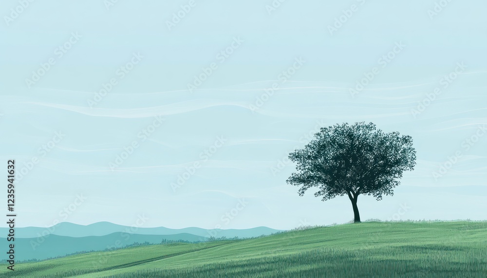 Serene Landscape Featuring a Solitary Tree on a Hill