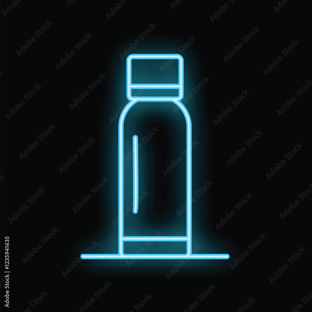 Neon blue icon of reusable water bottle glowing on black background Neon blue icon of reusable water bottle glowing on black background
