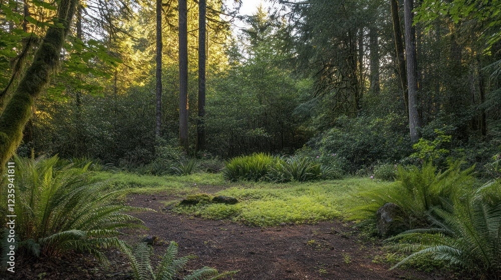 Obraz premium A serene forest clearing surrounded by tall trees and lush greenery.