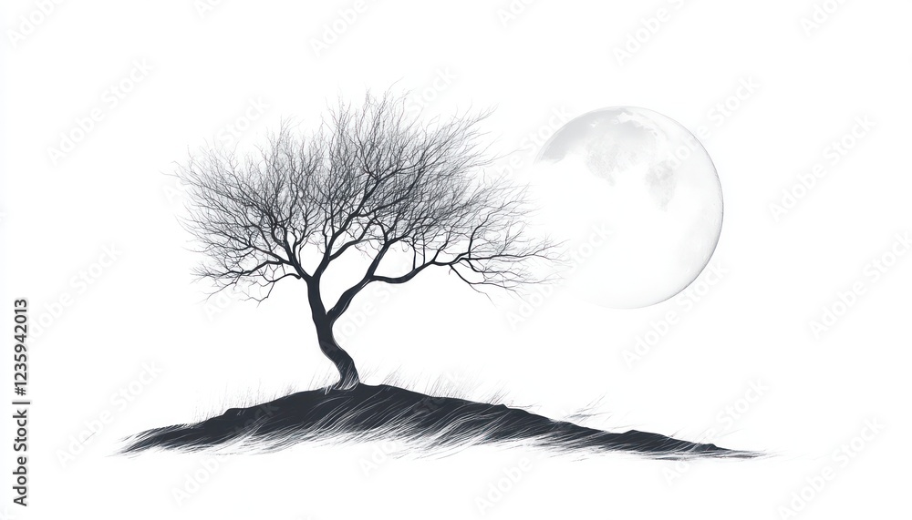 Bare Tree Silhouette on Hill Under Full Moon Bare Tree Silhouette on Hill Under Full Moon