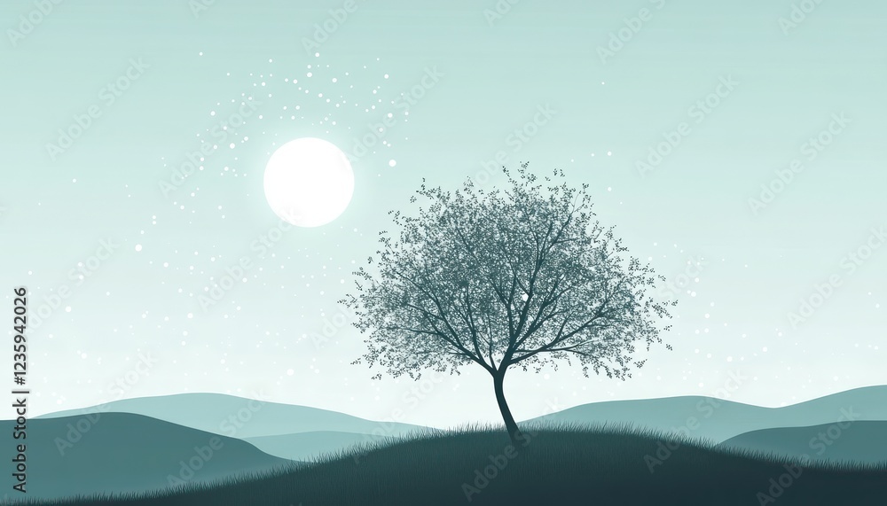 Serene Landscape Featuring A Single Tree And Distant Hills Serene Landscape Featuring A Single Tree And Distant Hills