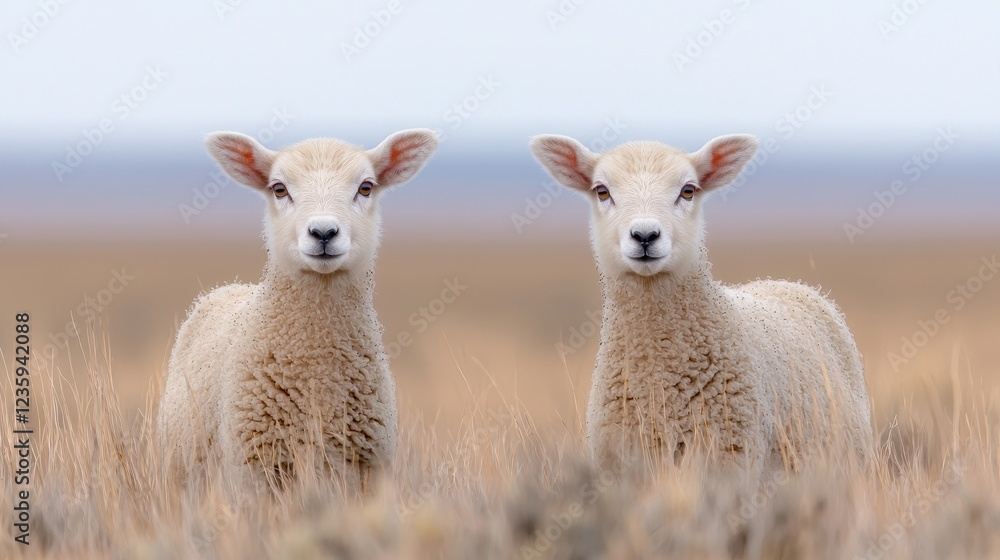 Fototapeta premium Two lambs in field, gazing, coastal background, farm animals