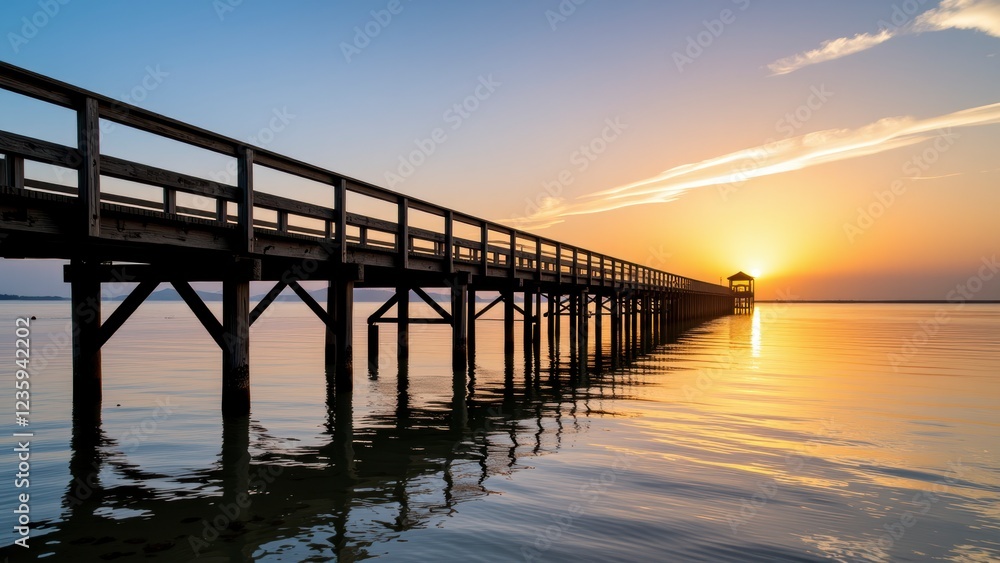 Serene Sunrise over Calm Water with Long Wooden Pier and Gazebo Serene Sunrise over Calm Water with Long Wooden Pier and Gazebo