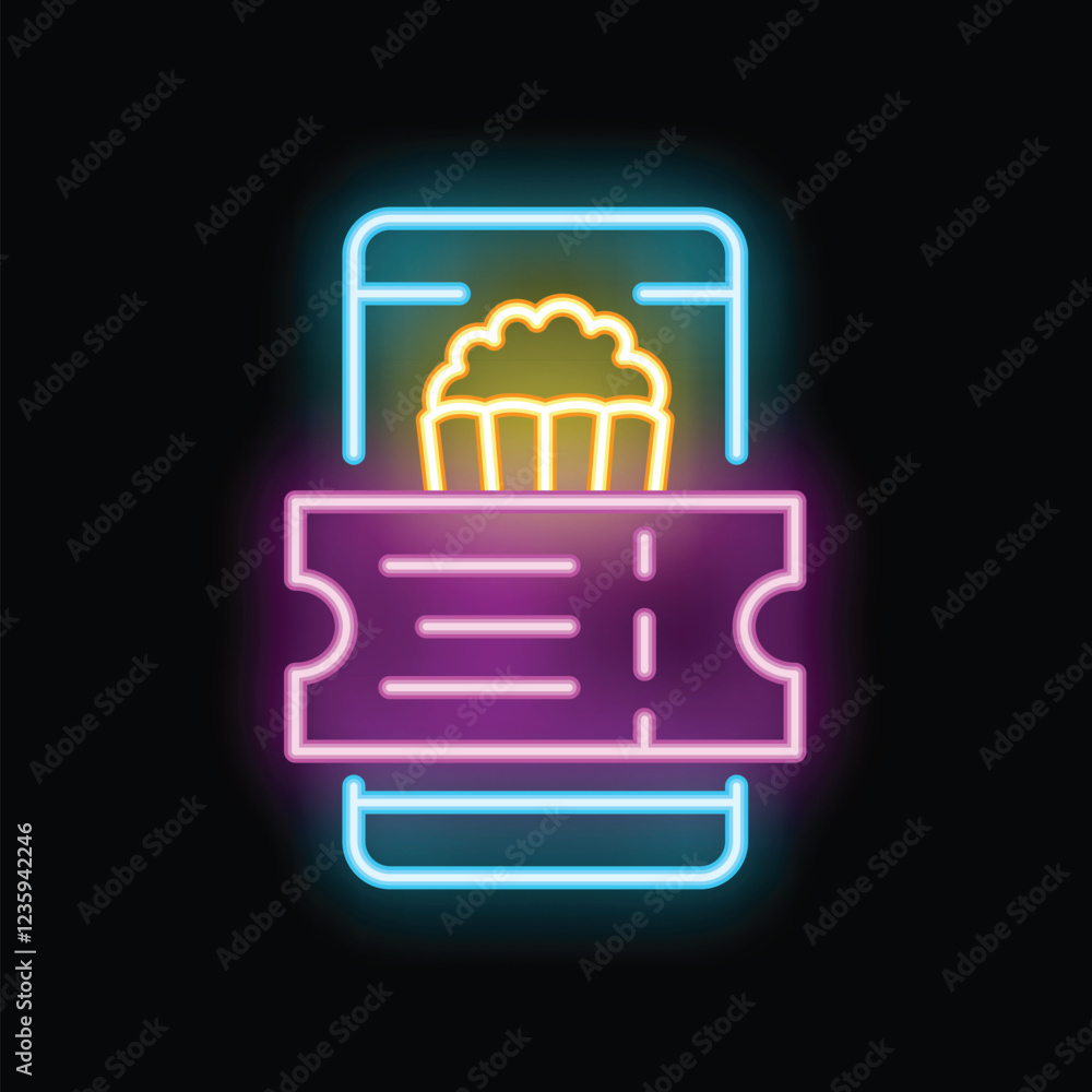 Neon sign depicting a smartphone displaying a popcorn bucket and a movie ticket, on a black background Neon sign depicting a smartphone displaying a popcorn bucket and a movie ticket, on a black background