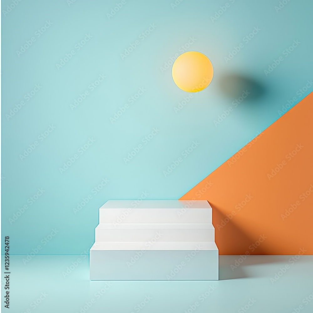 Obraz premium A white pedestal with three steps sits in front of a blue wall