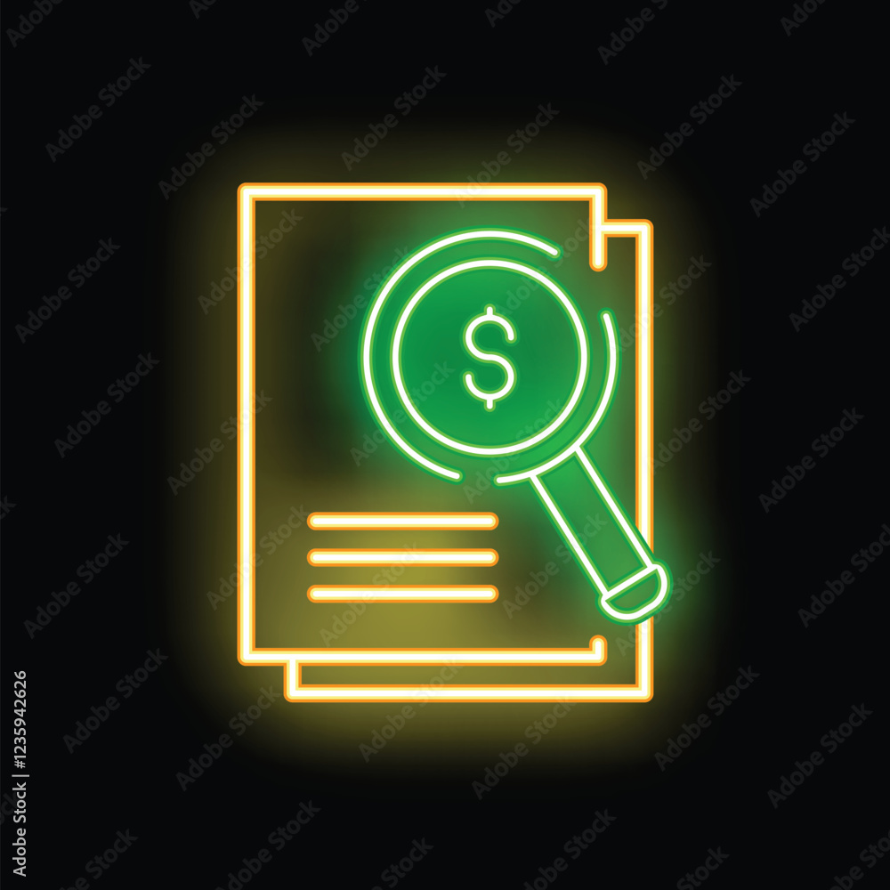 Glowing neon icon representing the concept of financial analysis, featuring a magnifying glass scrutinizing documents with a prominent dollar sign Glowing neon icon representing the concept of financial analysis, featuring a magnifying glass scrutinizing documents with a prominent dollar sign