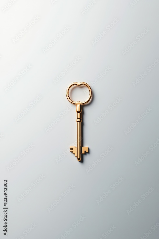A gold key is shown on a white background A gold key is shown on a white background