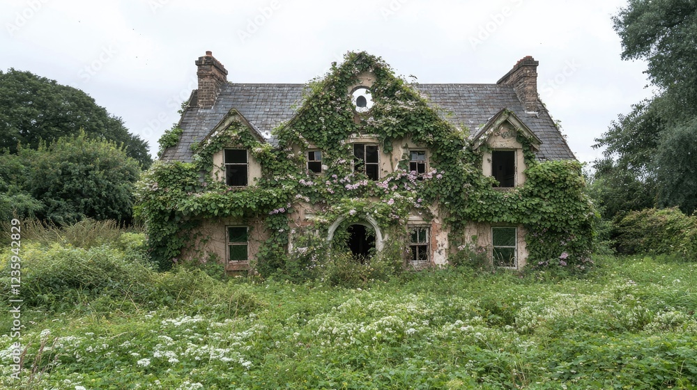 Overgrown abandoned house, rural setting, nature reclaiming, idyllic background, stock photo Overgrown abandoned house, rural setting, nature reclaiming, idyllic background, stock photo