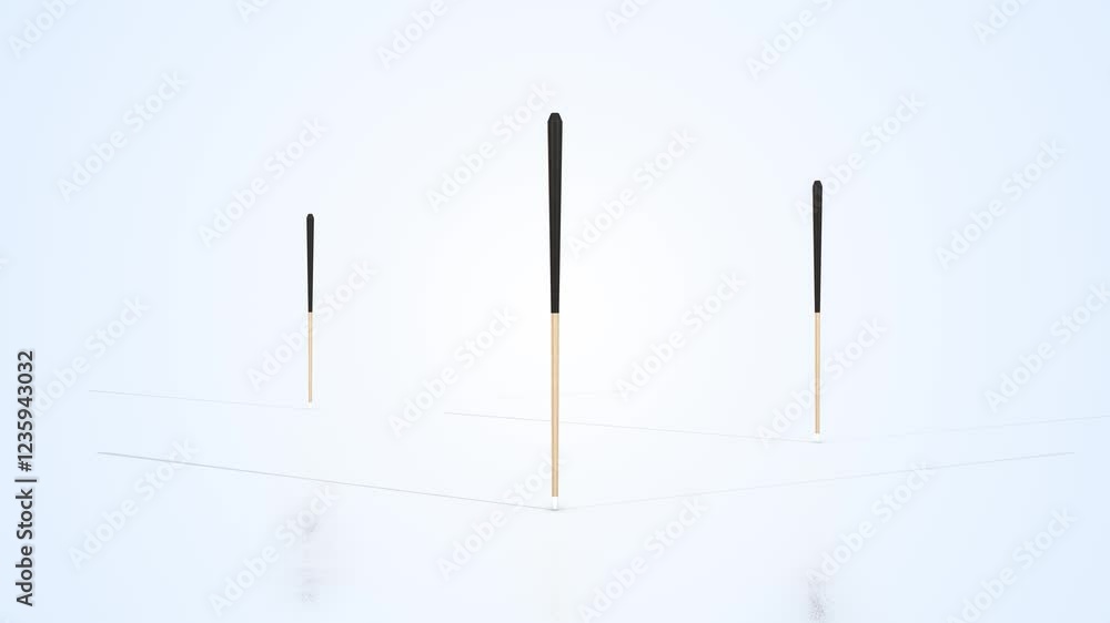 Wooden Cue Sticks on a Light Reflective Floor. Pool Sticks 3D Animation. 4K