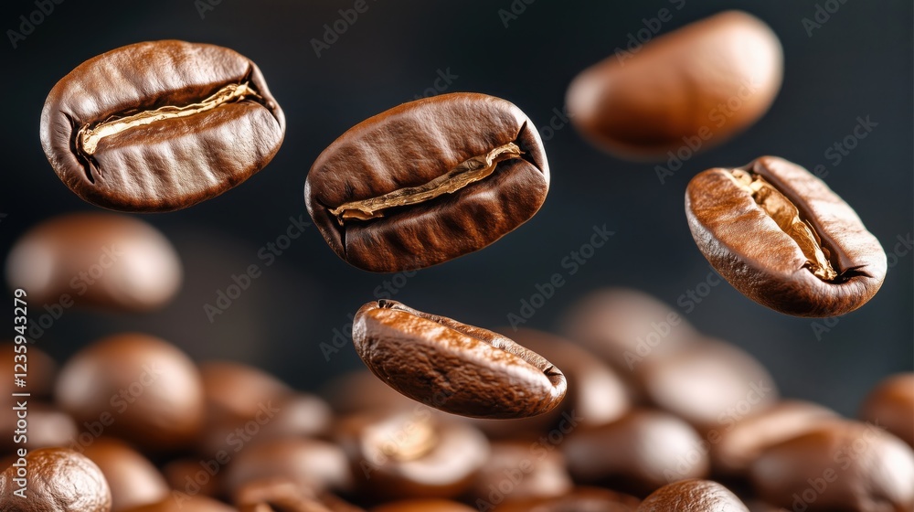 Floating Coffee Beans on Dark Background with Fresh Aroma Floating Coffee Beans on Dark Background with Fresh Aroma
