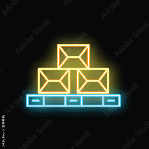 Neon sign depicting three cardboard boxes stacked on a pallet, symbolizing shipping and logistics