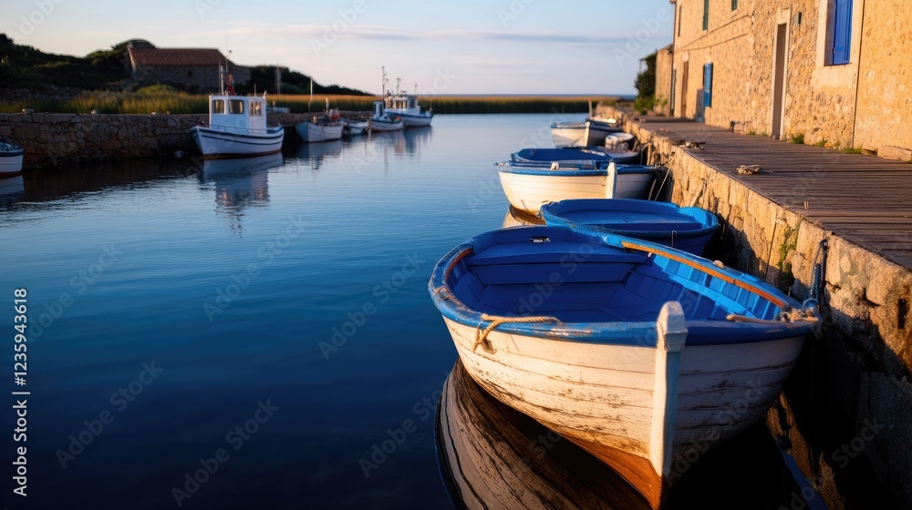 Tranquil Harbor Sunset: Picturesque Fishing Boats Docked at a Picturesque Coastal Village Tranquil Harbor Sunset: Picturesque Fishing Boats Docked at a Picturesque Coastal Village