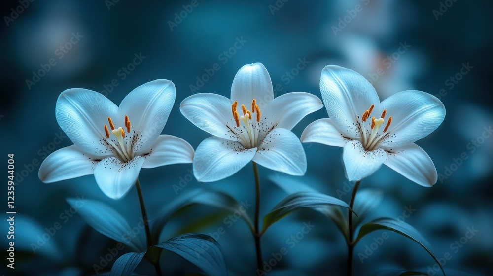 Fototapeta premium Three white lilies bloom, dark background, garden, serenity