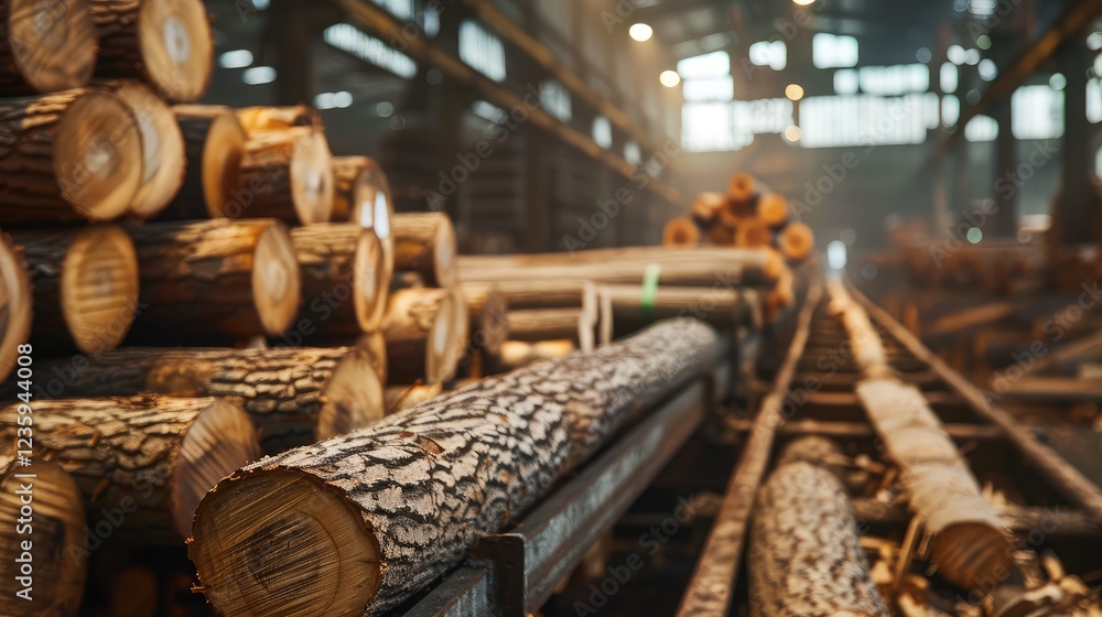 Stacked Logs in Industrial Lumber Mill Interior Stacked Logs in Industrial Lumber Mill Interior