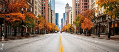 Empty city street lined with autumn trees.