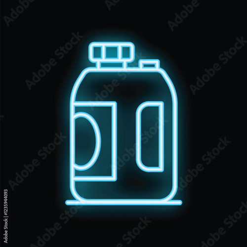 Bright blue neon sign of a container for sports nutrition, vitamins, or supplements glowing on a black background