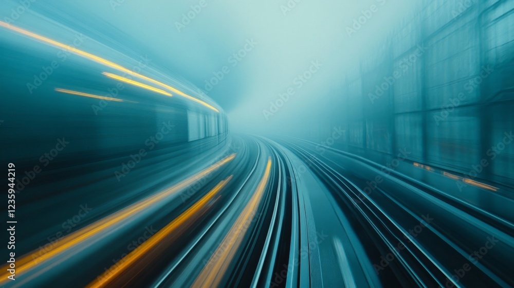 Obraz premium Fast Train Through Foggy Subway Tunnel