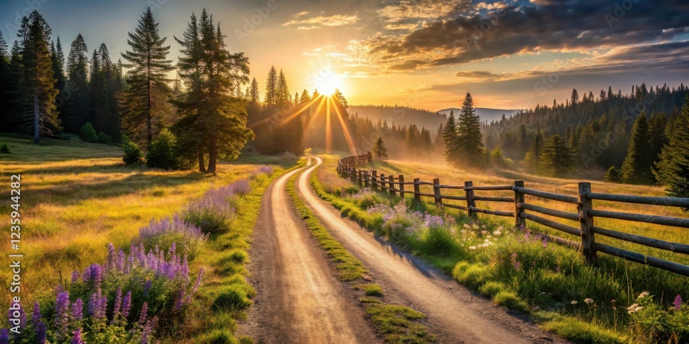 Fototapeta premium A winding dirt road leads through a picturesque landscape, bathed in the golden light of a setting sun, as tall pines stand sentinel on the hillside, creating a scene of tranquil beauty.