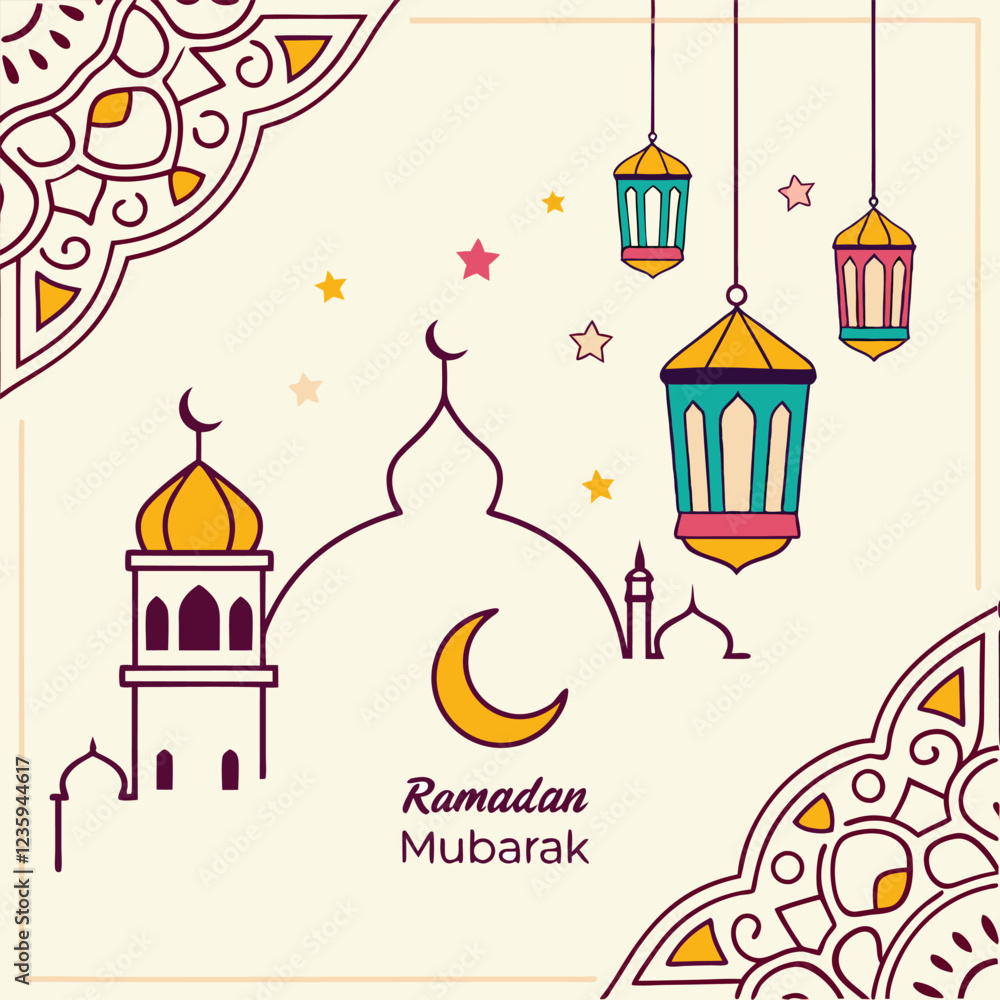 Generate a festive Ramadan greeting card with Arabic calligraphy, lanterns, and a crescent moon. Generate a festive Ramadan greeting card with Arabic calligraphy, lanterns, and a crescent moon.