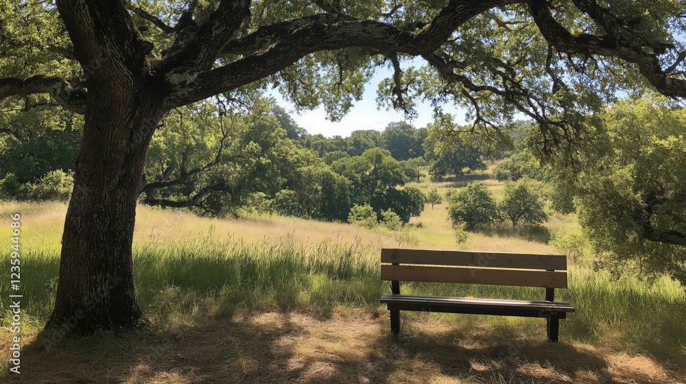 Wooden Park Bench Under Oak Tree in Sunny Meadow Wooden Park Bench Under Oak Tree in Sunny Meadow