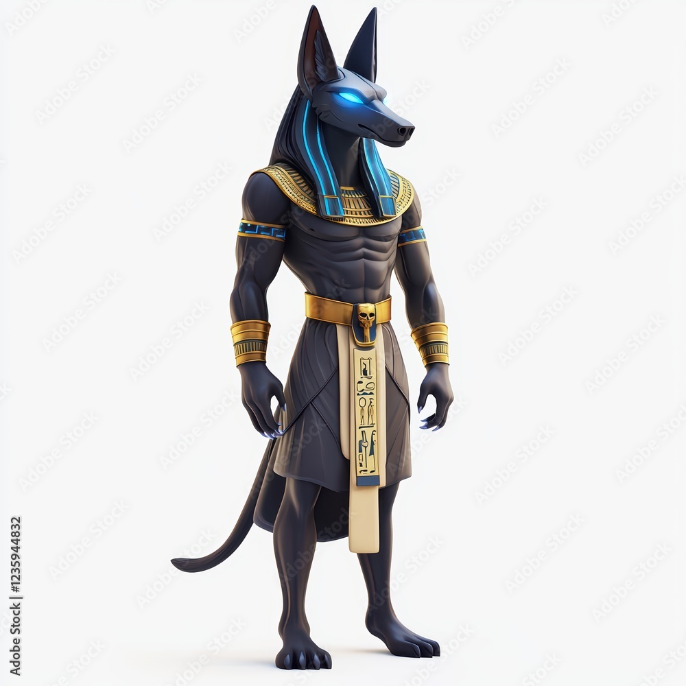 Ancient Egyptian god Anubis with glowing blue markings, isolated on a clean white background Ancient Egyptian god Anubis with glowing blue markings, isolated on a clean white background
