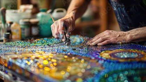 Artisan Creating Colorful Mosaic Artwork in Studio