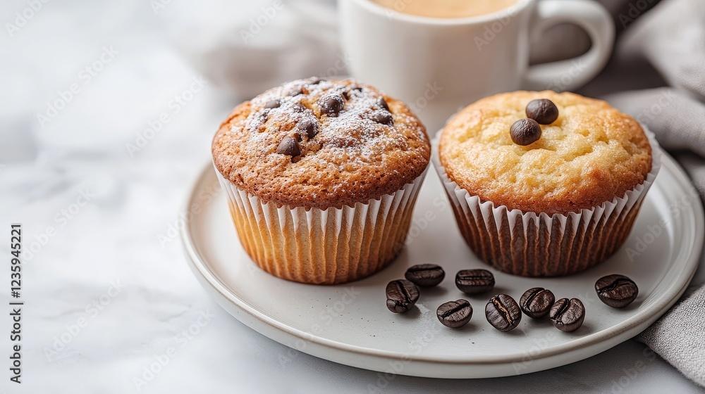 Two freshly baked muffins on a plate beside a steaming cup of coffee in a cozy kitchen setting Two freshly baked muffins on a plate beside a steaming cup of coffee in a cozy kitchen setting