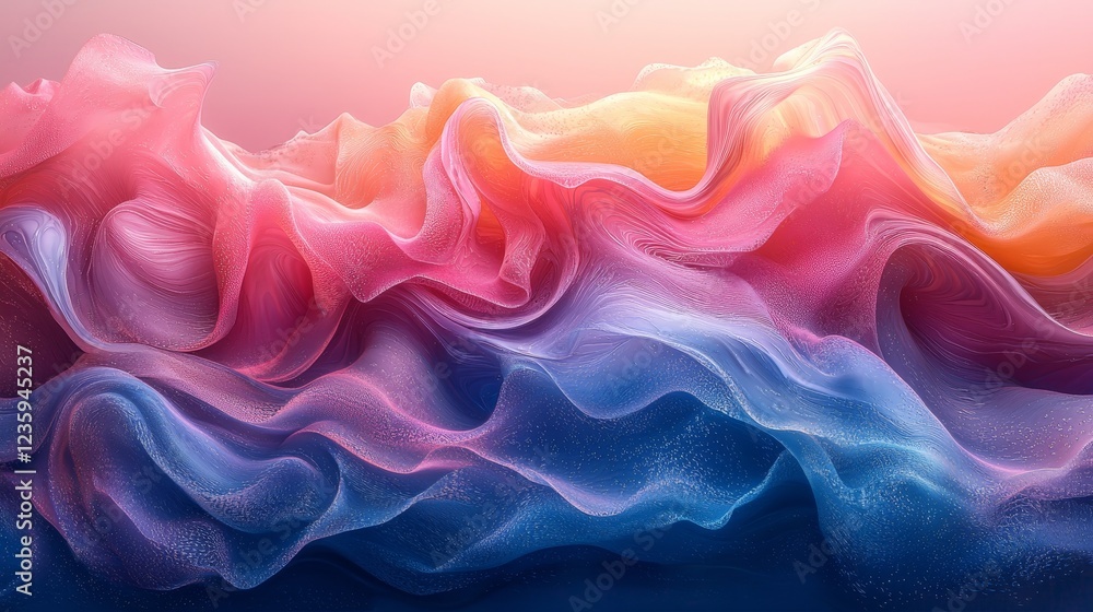 Obraz premium A captivating abstract landscape of swirling waves in soft pink and blue hues, resembling a dreamlike ocean at sunrise.
