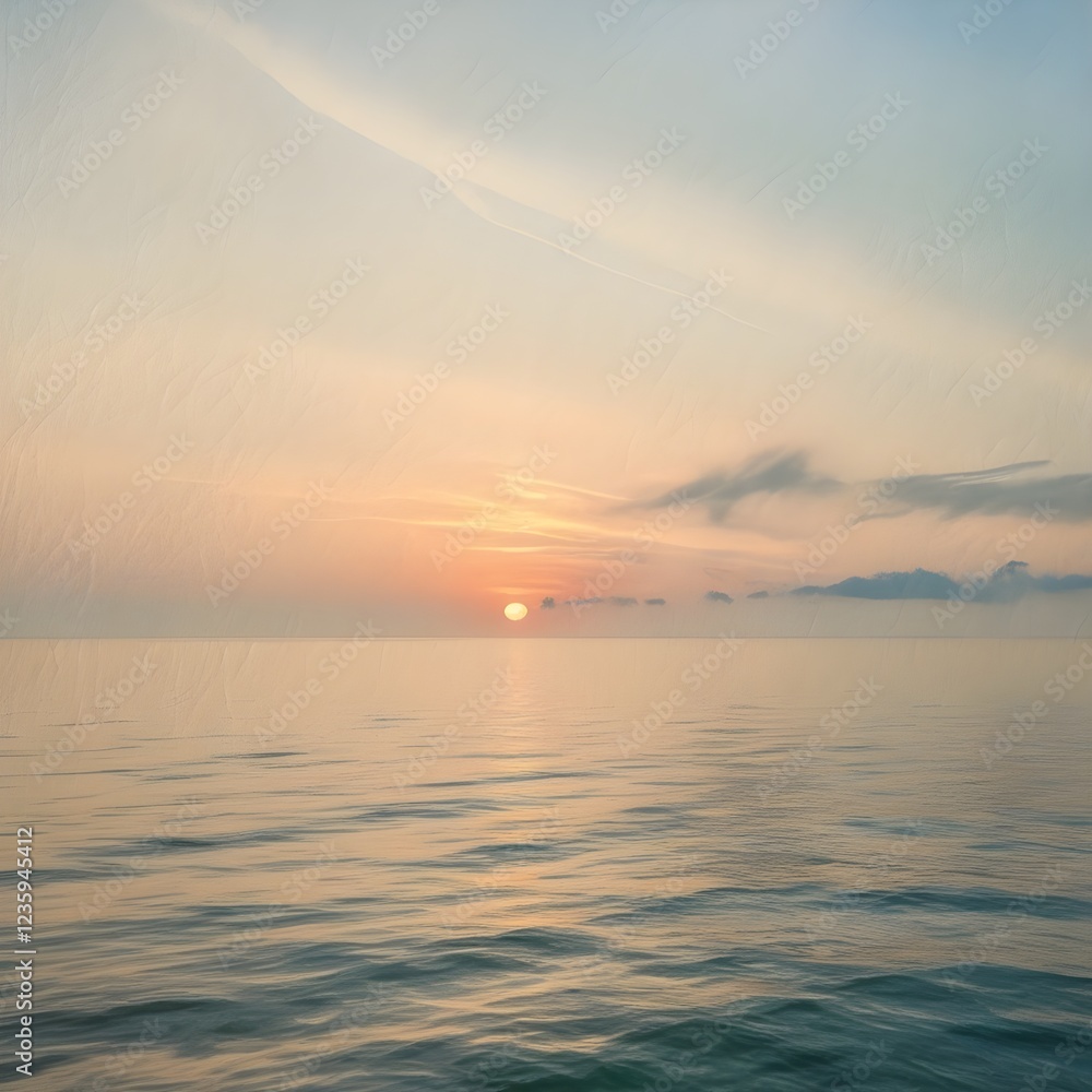 Obraz premium Gentle waves ripple across the ocean as the sun sets on the horizon, casting soft, warm hues in the sky. Wispy clouds and feather-like elements frame the tranquil seascape.