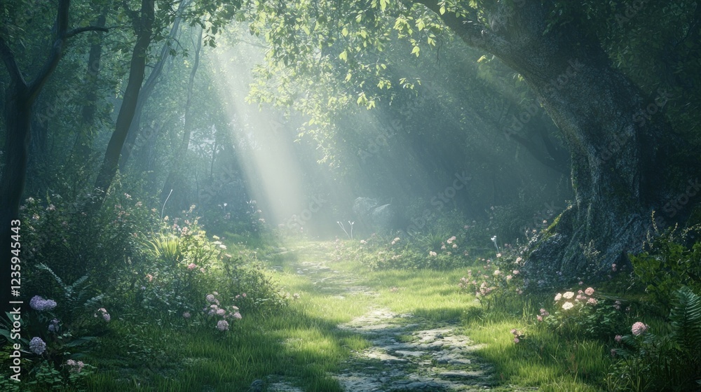Obraz premium A serene forest path illuminated by soft sunlight, surrounded by lush greenery and flowers.