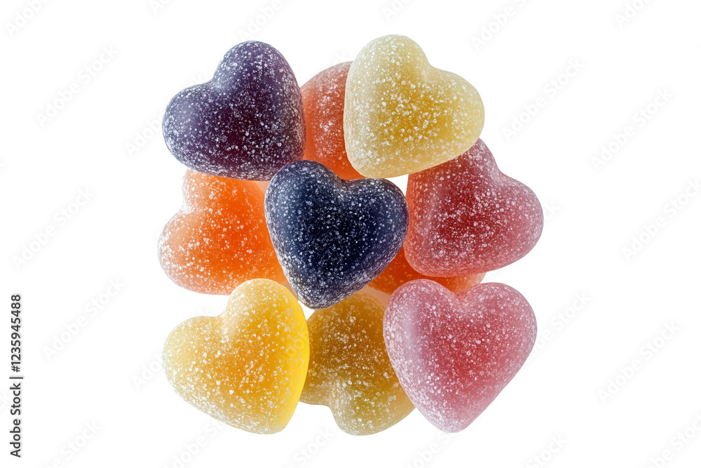 Heart shaped colorful jelly candies dusted with sugar isolated on white transparent background, representing sweetness and love Heart shaped colorful jelly candies dusted with sugar isolated on white transparent background, representing sweetness and love