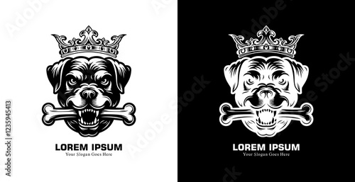 The logo design is in the shape of a dog's head biting a bone and wearing a crown