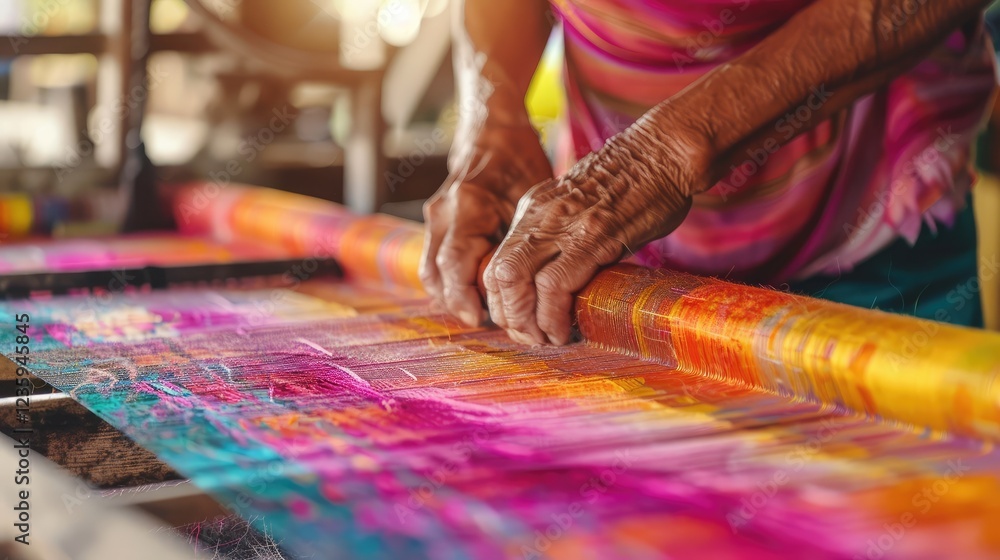 Obraz premium Master Weaver's Hands Crafting Vibrant Fabric on Loom