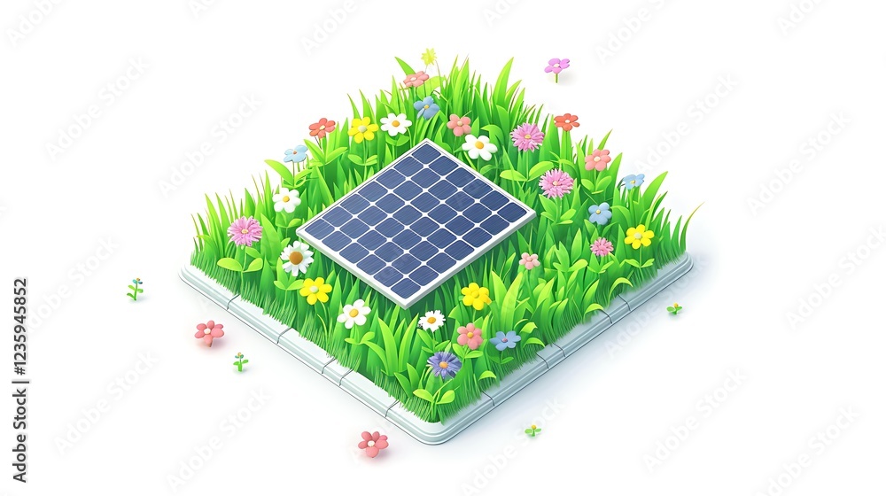 Solar Panel Surrounded by Colorful Flowers and Green Grass Solar Panel Surrounded by Colorful Flowers and Green Grass