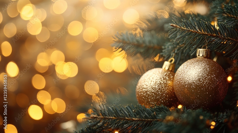 Christmas Tree Branch with Gold Decorations and Space for Holiday Text Christmas Tree Branch with Gold Decorations and Space for Holiday Text
