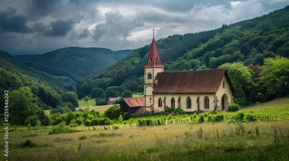 Tranquil Church Nestled in Lush Green Mountains Tranquil Church Nestled in Lush Green Mountains