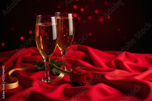 two champagne flutes on red satin with rose and golden ribbons