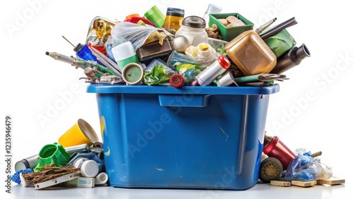 A overflowing recycle bin filled with various types of trash and unwanted items such as broken electronics, crushed cans, torn papers, and shattered glass , eco-unfriendly, garbage