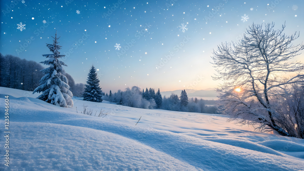 Serene Winter Landscape with Snow-Covered Trees and Soft Sunlight Serene Winter Landscape with Snow-Covered Trees and Soft Sunlight