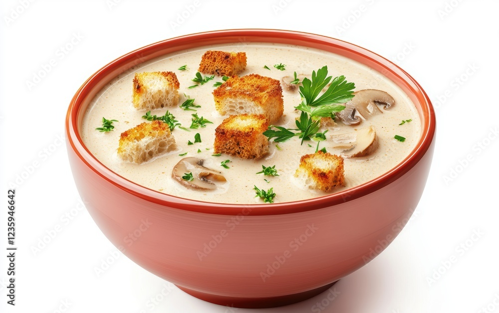 Bowl of creamy mushroom soup with croutons and fresh herbs isolated on a white background Bowl of creamy mushroom soup with croutons and fresh herbs isolated on a white background