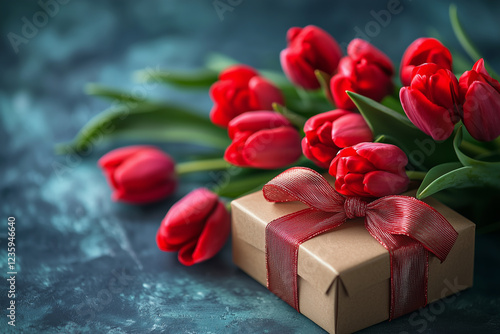 a bouquet of spring blooming tulips and a gift box