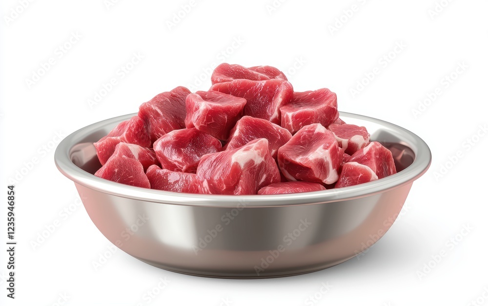 Bowl with raw meat for dogs, isolated on a white background Bowl with raw meat for dogs, isolated on a white background