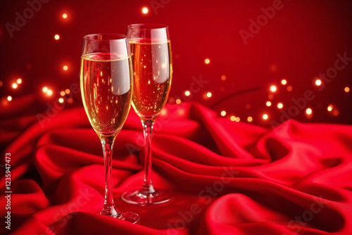 two champagne flutes on red satin with bokeh effect in background