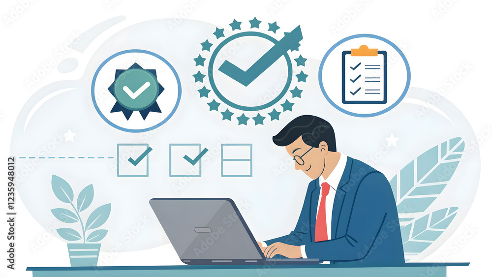Office worker completing tasks with icons of achievement and assurance Office worker completing tasks with icons of achievement and assurance