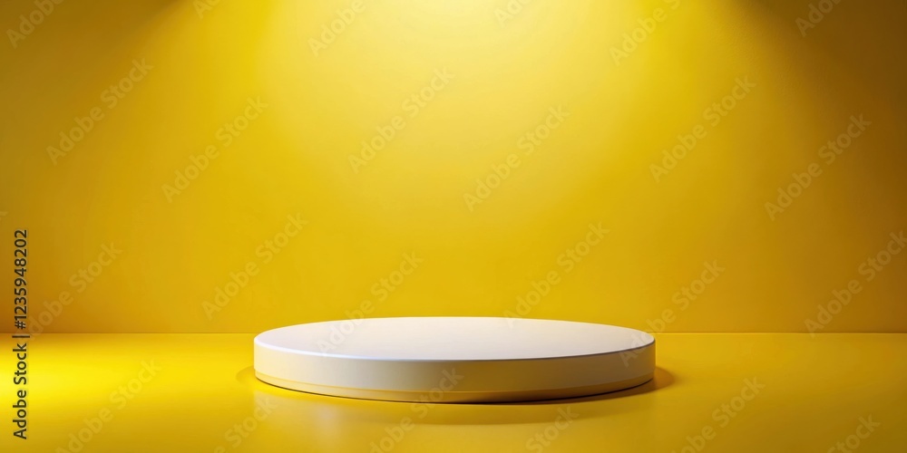 A simple white platform sits in the center of a bright yellow room, bathed in soft, gentle light. A simple white platform sits in the center of a bright yellow room, bathed in soft, gentle light.