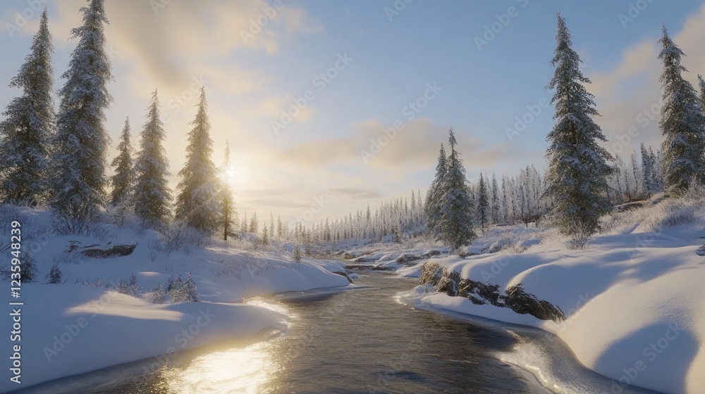 Serene Winter River Flows Through Snow Covered Forest Serene Winter River Flows Through Snow Covered Forest