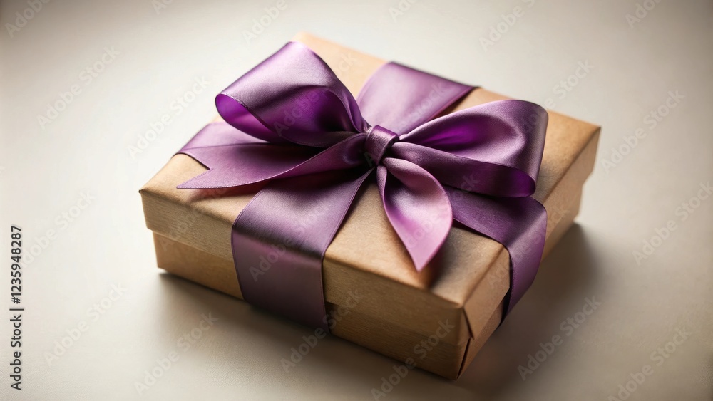 A simple brown gift box tied with a purple satin ribbon, a symbol of celebration and surprise A simple brown gift box tied with a purple satin ribbon, a symbol of celebration and surprise