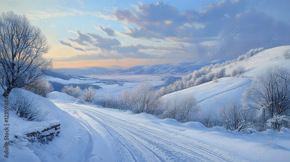 Obraz premium Serene Winter Landscape with Snow-Covered Hills and Clouds at Sunset